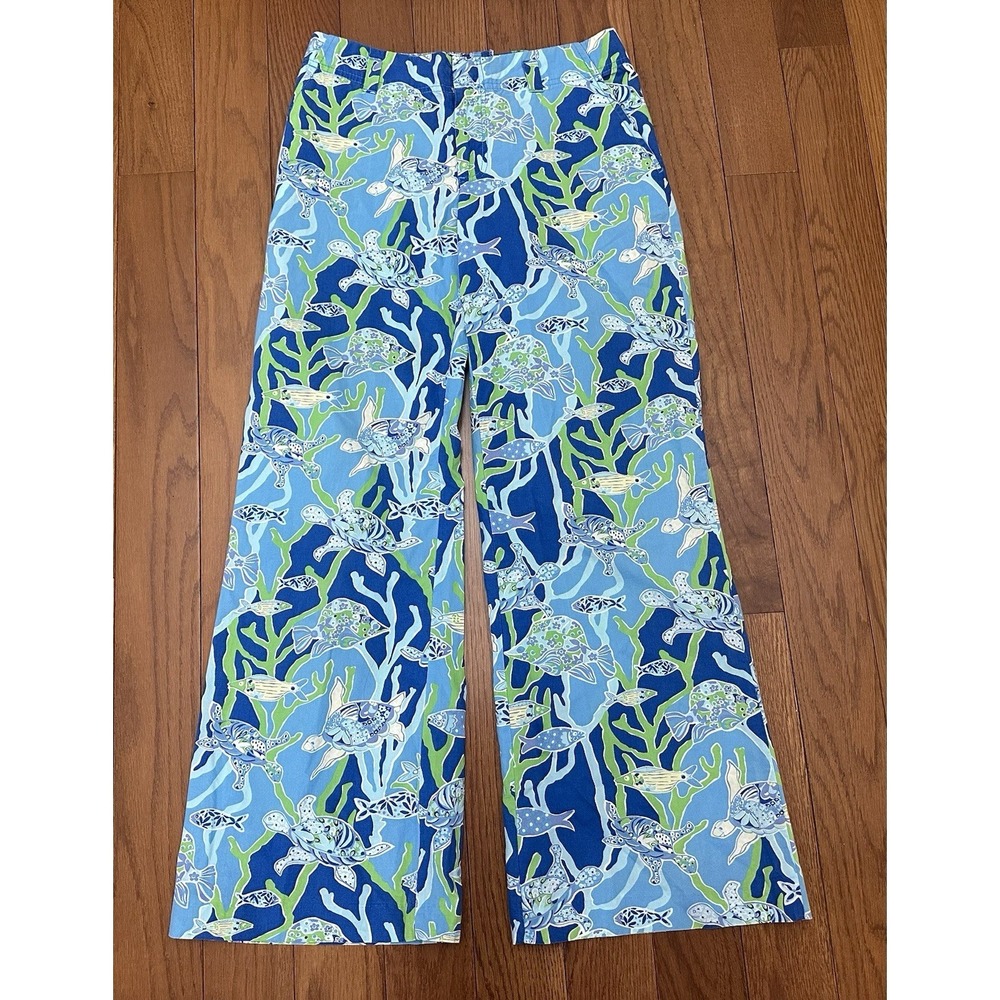 Lilly Pulitzer Pants Women Sz 4 Ocean Turtles Fish Blue Green Wide Leg Palazzo
